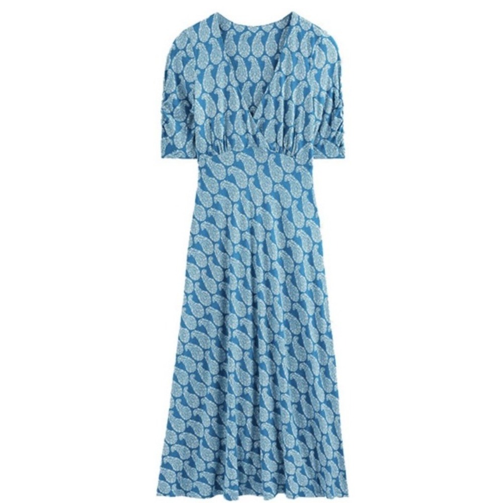 BODEN Petite 8 Rebecca Jersey Knit Stretch V-Neck Paisley Print MIDI Tea Dress